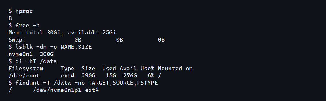 ผลตรวจ VM ทดสอบ: 8 vCPU, EBS 300 GiB และ /data ใช้ root filesystem